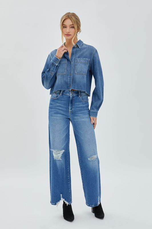 [Abbey] Medium Wash Cropped Denim Shirt