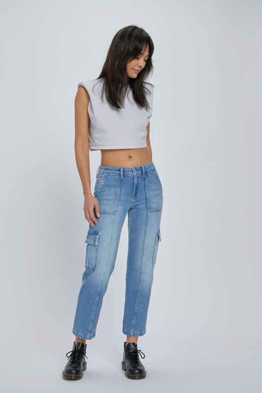 [Tracey] Medium Light Cropped Stretch Cargo Straight Jean