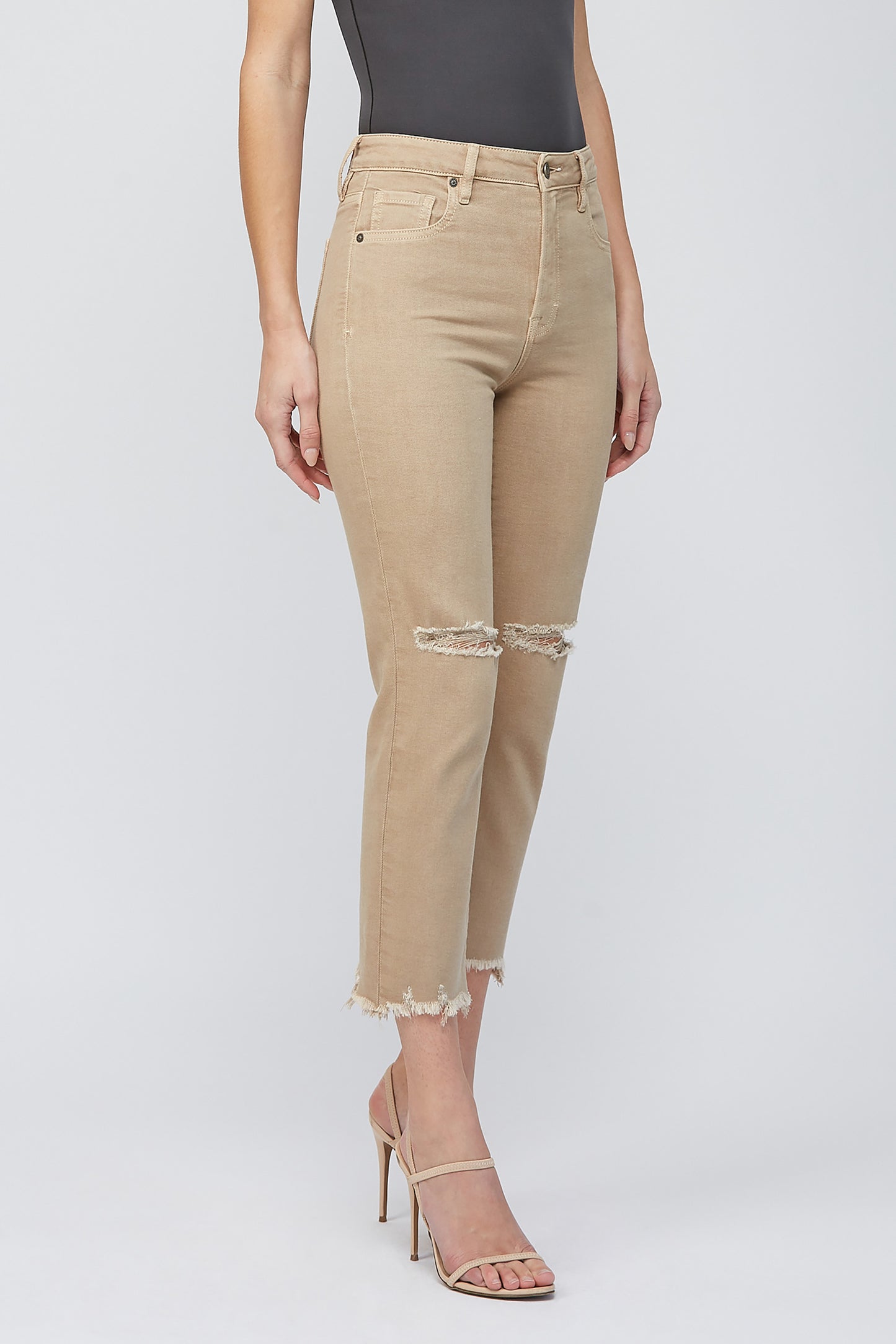 [Tracey] Khaki Wash Stretch Distressed 25" Inseam Cropped Straight