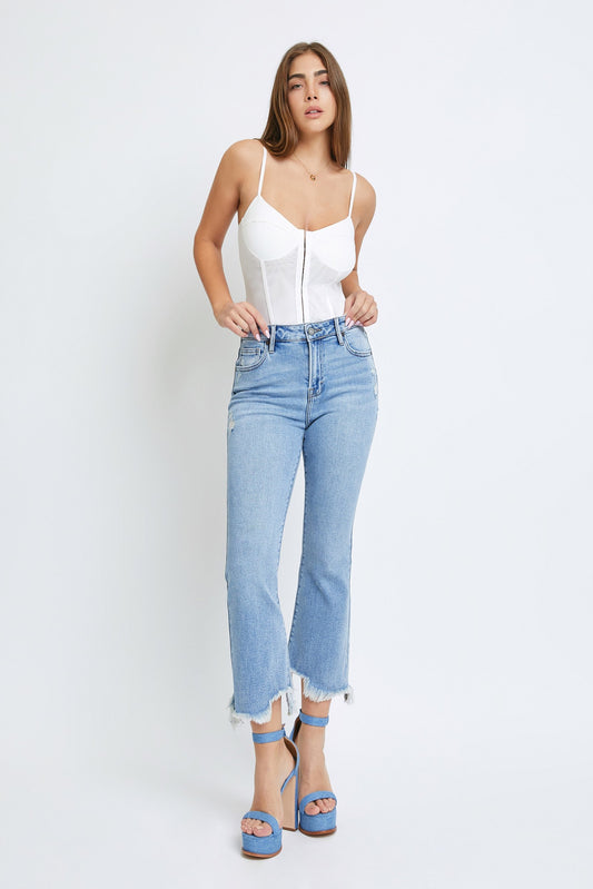 [Happi] Medium Light Frayed Crop Flare Jean