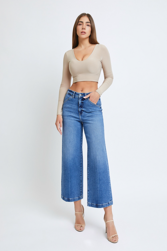 [Nori] Dark Wash Clean Cropped Wide Leg Trouser